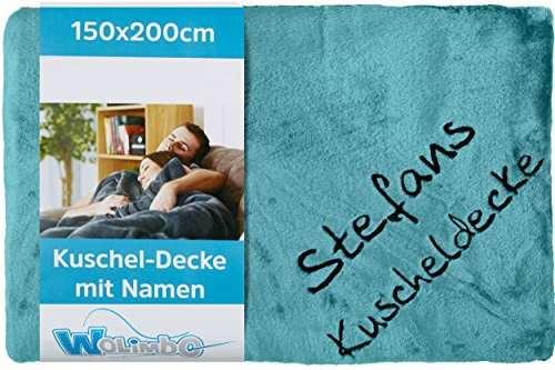 Wolimbo Kuscheldecke mit Namen - 200 x 150cm - türkis - für Erwachsene und Kinder - Wohndecke Sofadecke nach Wunsch Bestickt