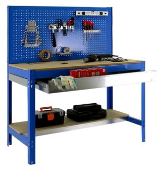 Simon Rack Banco da lavoro per officina, capacità di carico 600 kg, 1445x1210x610 mm, Pannello Forato, Tavolo da lavoro fai da te, Blu/Legno - BT2