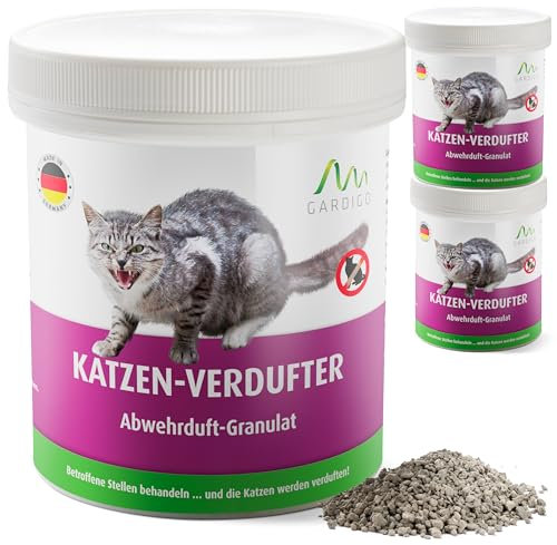 Gardigo Katzenschreck Granulat - Katzen-Verdufter - 3er Set | 900g | Katzenabwehr für Haus, Garten, Garage und Grundstück | Mit Geraniol I Made in Germany I Katzenvertreiber für draußen