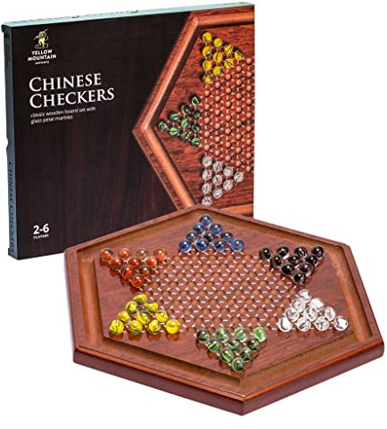 Yellow Mountain Imports Hölzernes Chinesisches Dame Brettspiel-Set - 34,5 Zentimeter - mit 60 farbigen Glasmurmeln im Blütenblattstil (16 Millimeter)