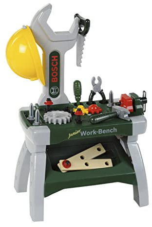Theo Klein 8604 Bosch Werkbank Junior I Inkl. Helm, Schraubstock, Werkzeugen, Latten, Nägel, Schrauben und Muttern I Maße: 49 cm x 29 cm x 71 cm I Spielzeug für Kinder ab 2 Jahren