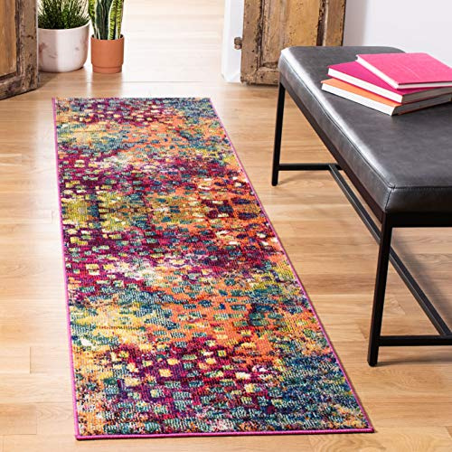 SAFAVIEH Boho Teppich für Wohnzimmer, Esszimmer, Schlafzimmer - Monaco Collection, Kurzer Flor, Pink und Multi, 80 x 180 cm