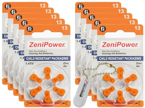 ZeniPower Lot de 60 piles auditives Taille 13 + porte-clés