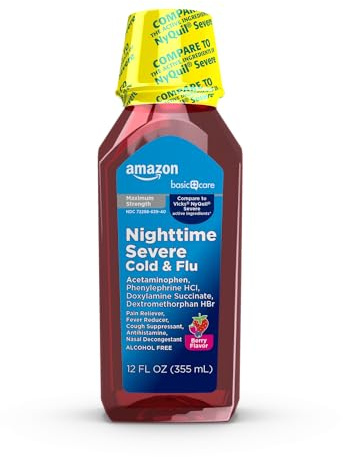 Amazon Basics Care Nighttime Severe Cold and Flu Syrup, Max Strength Liquid Medicine, Multi-Symptom Relief, for Adults and Children 12 Years and Older, Mixed Berry Flavor, 12 fl oz