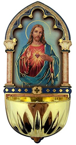 Religious Gifts Sacred Heart of Jesus Gold Embossed Laser Cut Wood Multi-Dimensional Holy Water Font, 5 Inch