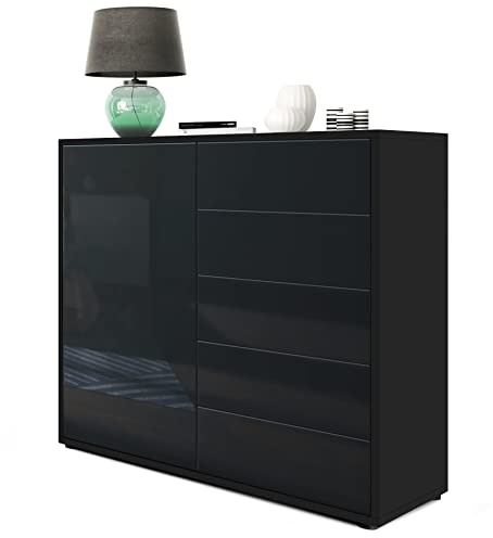 Vladon Sideboard Ben V2, Made in Germany, Kommode mit 1 Tür und 5 Schubladen, Schwarz matt/Schwarz Hochglanz (79 x 74 x 36 cm)