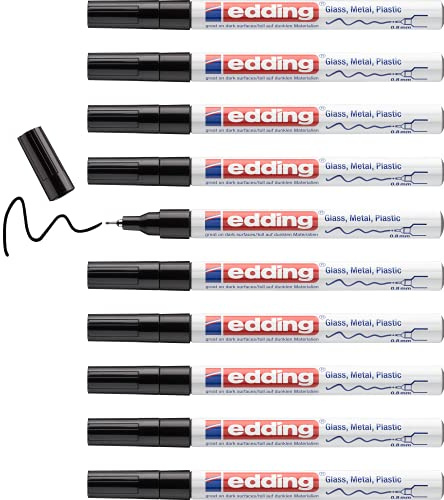 edding 780 gloss paint marker - black - 10 paint markers - extra-fine round tip 0.8 mm - paint pen for glass, pebbles, wood, plastic, paper - waterproof, high coverage