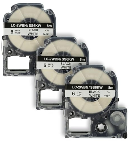vhbw 3x Schriftband-Kassette kompatibel mit Epson LabelWorks LW-1000P | LW-600P, LW-500, LW-400, LW-300 Etiketten-Drucker 8m x 6mm Schwarz auf Weiß