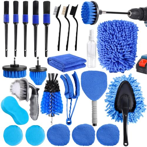 Brosse Nettoyage Voiture, 24pcs Kit Nettoyage Voiture Professionnel Brosse Perceuse Ave Pinceau Detailing Auto, Brosse Visseuse, Voiture Beauté Interieur Exterieur, Roue, Brosse Nettoyage