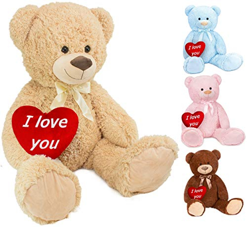 BRUBAKER XXL Teddybär 100 cm groß Beige mit einem I Love You Herz Plüschtier Kuscheltier | 100 cm hoch mit einem Plüschherz mit der Aufschrift I Love You