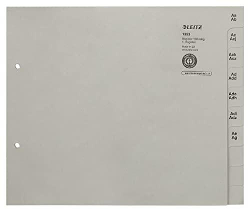 Leitz Register, Trennblätter mit Taben und alphabetischem Aufdruck A-Z für 150 Ordner, Halbe Höhe und Überbreite, Grau, 100% recyceltes Papier, Blauer Engel Siegel, 13530085