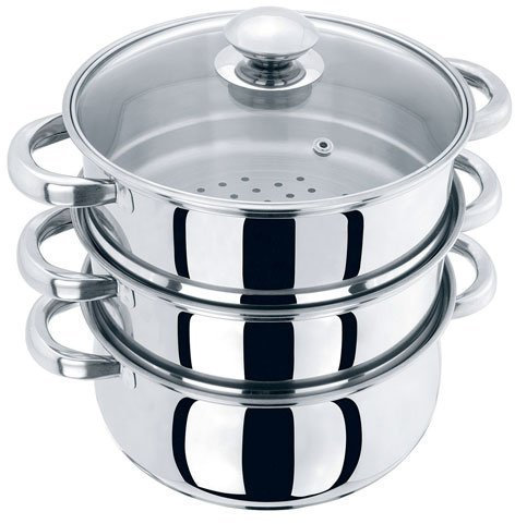 PRIMA Steamer 3 étages en acier inoxydable 24 cm avec couvercle en verre argenté