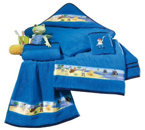 Erwin Müller Kinder-Kapuzenbadetuch, Kapuzenhandtuch Frottier blau Größe 140x140 cm - mit Piratenmotiv auf Bordüre, 100% Baumwolle