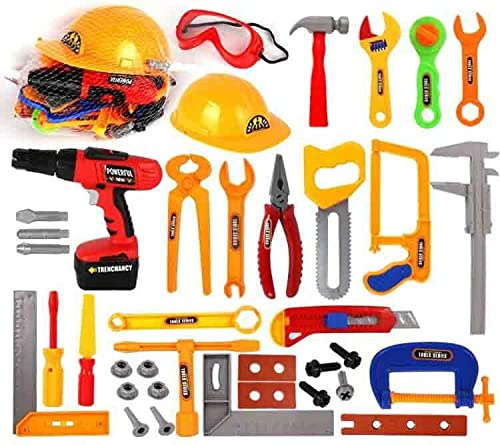 Kidoloop 37+ Pcs Toy Tool Drill Set with Helmet Safety Goggles Saw Hammer Wrench Tape Measure Screw Driver Plier Nails Swrews Pins & More Building Accessories – Chidren Pretend Toys