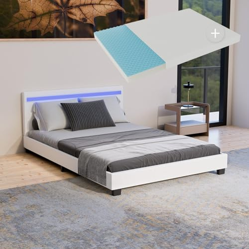 Juskys Polsterbett Paris 140x200 cm mit LED Beleuchtung, Matratze, Lattenrost & Kopfteil - Kunstleder & Holz - weiß - Bett Jugendbett Bettgestell