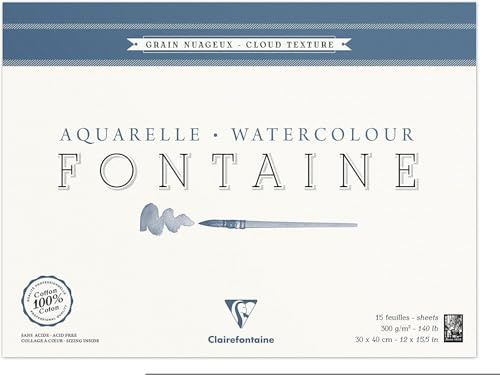 Clairefontaine 96422C Malblock, 4-seitig verleimt Aquarellpapier Torchon Wolke, Fontaine/Hadern, 30 x 40 cm, 15 Blatt, 300 g Packung, weiß