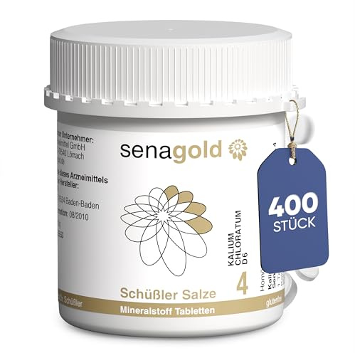 Senagold Schüssler Salze Nr. 4 – Kalium chloratum D6 – 400 Tabletten – Das Salz der Schleimhäute – gluten- & alkoholfrei – hergestellt nach Homöopathischem Arzneibuch in Deutschland