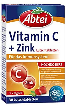 Abtei Vitamin C + Zink - wertvolles Vitaminpräparat zum Lutschen - zur Unterstützung der Abwehrkräfte und des Zellschutzes - glutenfrei, vegan - 1 x 30 Lutschtabletten