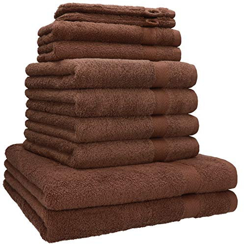 Betz Premium Handtuch-Set 10-teilig – 100% Baumwolle – Oeko-TEX® Zertifiziert – saugfähig&weich – 470g/m² – Duschtücher, Handtücher, Gästetücher & Waschhandschuhe Farbe nuss