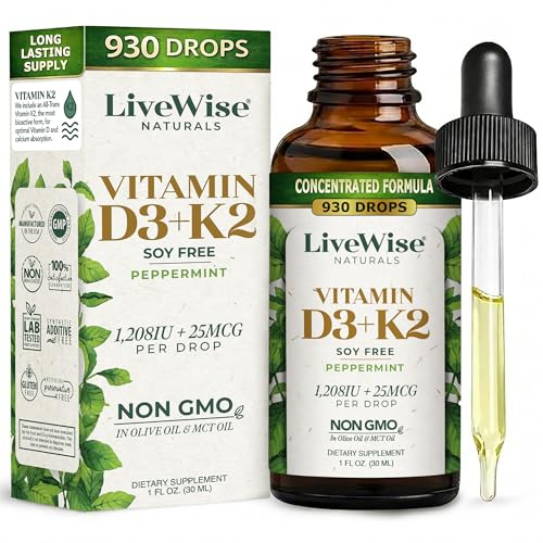 Live Wise Naturals Vitamin D3 K2 (MK-7) Peppermint Drops for Adults - 930 Drops, Ultra Concentrated Formulation, 1208 IU Vitamin D3, 25 MCG - Precision Micro-Dosing Dropper for Calcium & Bone Support