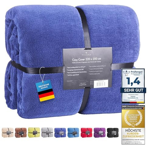 Feluna® XXL Kuscheldecke Blau 220x200 cm warme Mikrofaser Wohndecke | Wärmt sofort ohne zu beschweren, edler Kaschmir-Touch in Indigo Blau, 100% Coral-Fleece, als Sofadecke und Tagesdecke