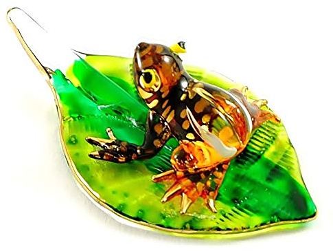 Handmade Mini Orange Frog with Leaf Art Glass Blown Animal Figurine No.1 - Model Y2016