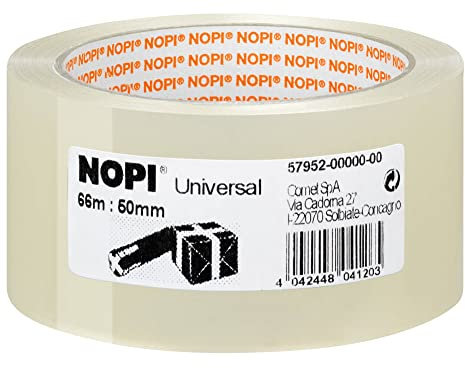 NOPI Nastro Adesivo per Pacchi, Per imballaggi e sigillature, Resistente all'invecchiamento e allo strappo, Extra forte e privo di solventi, Colore: Transparente, 66 m x 50 mm