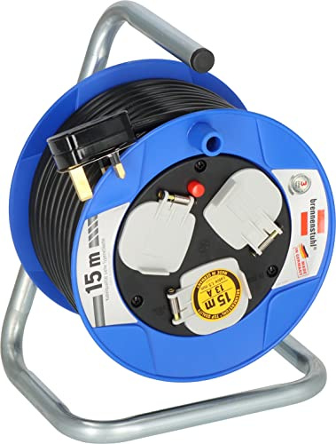 Brennenstuhl Compact 3-way socket cable reel (15m cord length, thermal cut-out protection), small reel for easy tool box storage, cable colour: black