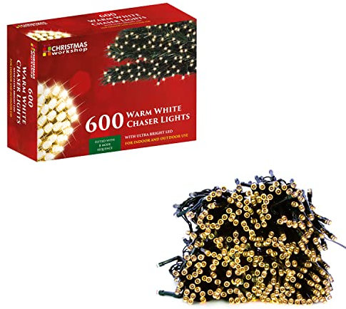 The Christmas Workshop 76230 600 Warm White LED Chaser Christmas Lights/Indoor or Outdoor Fairy Lights / 41.9 Metres / 8 Light Modes/Great for Christmas, Weddings & Gardens
