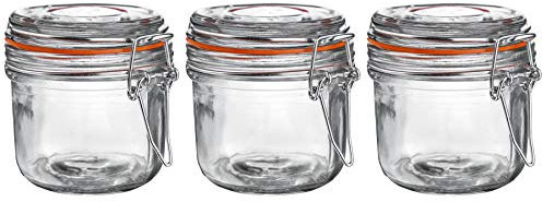 Argon Tableware Glass Jars with Airtight Metal Clip Lid - 200ml/6.7oz - 3 Pack - 4 Colour Seals - Small Kitchen Storage Container Round Preserving Jar for Pickling, Chutney, Jam, Coffee