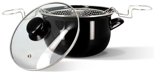 MENASTYL - Friteuse 26cm en acier émaillé noir et bord chrome - Fournie avec couvercle et panier, pour des frites maison délicieuses - 3645580