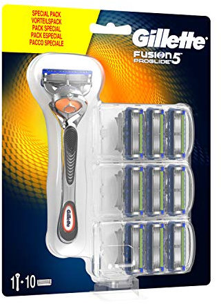 Gillette Fusion 5 ProGlide Rasierer + 10 Rasierklingen, Herren mit Trimmerklinge für Präzision und Gleitbeschichtung (Verpackung kann variieren)