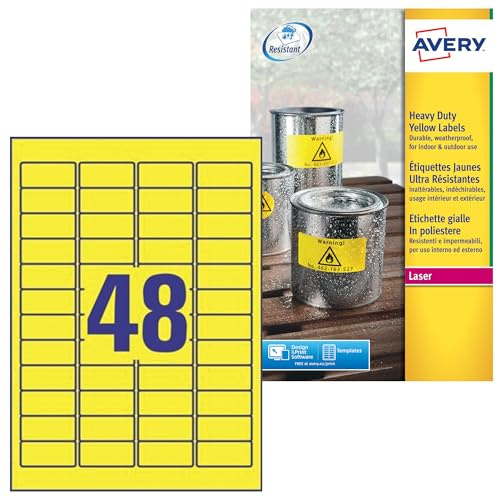 AVERY Zweckform L6103-20 Wetterfeste Folienetiketten (960 Signalaufkleber, 45,7x21,2mm auf A4, extrem stark selbstklebend, wasserfest, strapazierfähig, bedruckbare Outdoor Klebefolie) 20 Blatt, gelb