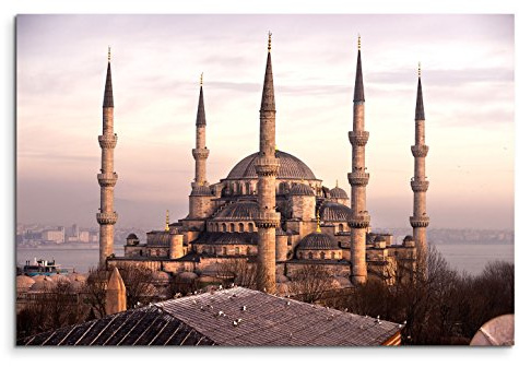 120x80cm Leinwandbild auf Keilrahmen Istanbul Blaue Moschee Morgenlicht Nebel Wandbild auf Leinwand als Panorama
