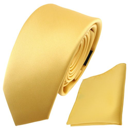 TigerTie - schmale Satin Krawatte + Einstecktuch in einfarbig Uni - Schlips Binder