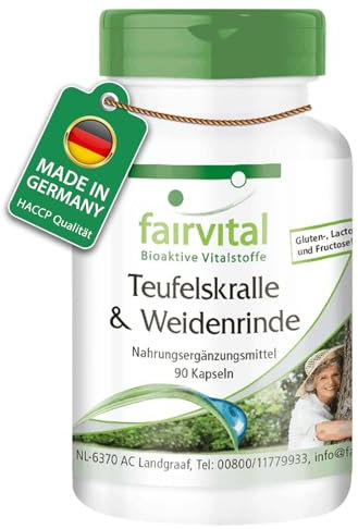 Fairvital | Teufelskralle und Weidenrinde Kapseln - HOCHDOSIERT - standardisiert auf 1,2% Harpagoside und 15% Salicin - Vegan - Harpagophytum procumbens & Salix Alba Extrakt - 90 Kapseln