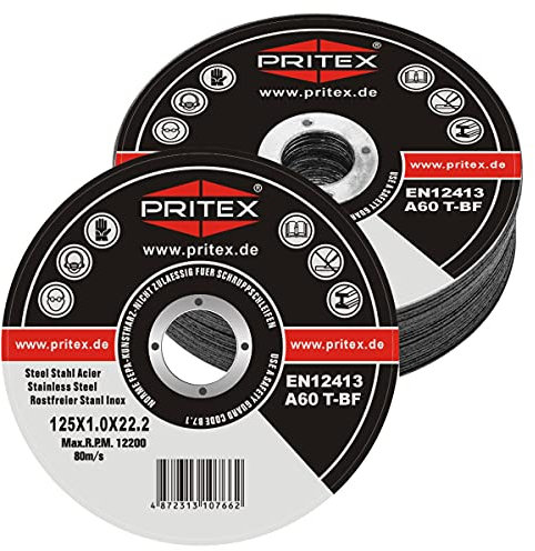 PRITEX – 200 Stück Trennscheiben 125 x 1.0 mm Metall – gerade Flexscheiben zum Schneiden von Stahl, Edelstahl, Eisen & Blech – extra dünne Scheiben für alle gängigen Winkelschleifer geeignet