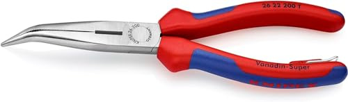 KNIPEX Flachrundzange mit Schneide (Storchschnabelzange) mit Mehrkomponenten-Hüllen, mit integrierter Befestigungsöse zum Anbringen einer Absturzsicherung schwarz atramentiert 200 mm 26 22 200 T BK
