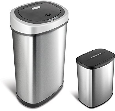 NINESTARS CB-DZT-50-98-1C Automatic Touchless Motion Sensor Oval & Rectangular Trash Can Combo Set, 13.2 Gal. 50 L. & 2.1 Gal.8 L., Stainless Steel