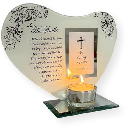 HIS SMILE GLASS MEMORIAL CANDLE HOLDER AND PHOTO FRAME | thinking of you gifts | Dad memorial gift | memory gifts for Pops, Father, Dad, Granddad, Grandfather