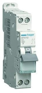 HAGER - Disjoncteur Ph+N 2A, pouvoir coupure 3kA, courbe C, 1M - MFN702