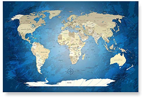 LANA KK – Weltkarte aus Glas - Worldmap, Farbe Blue Ocean, deutsche Beschriftung - edler Glas-Kunstdruck hinter 3 mm geschliffenem Echtglas – blaues Glasbild 120 x 80 cm