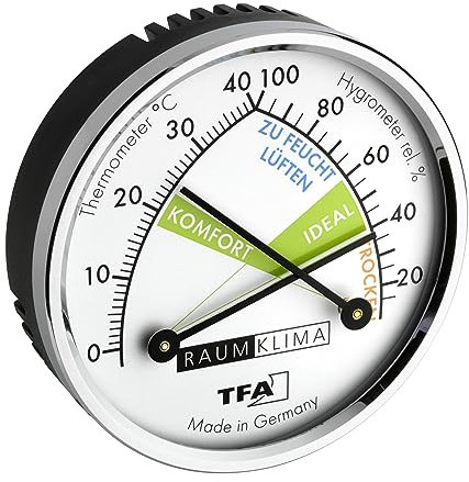 TFA Dostmann Thermometro Igrometro analogico Termoigrometro, 45.2024, con anello in metallo, misuratore di umidità, Multicolore
