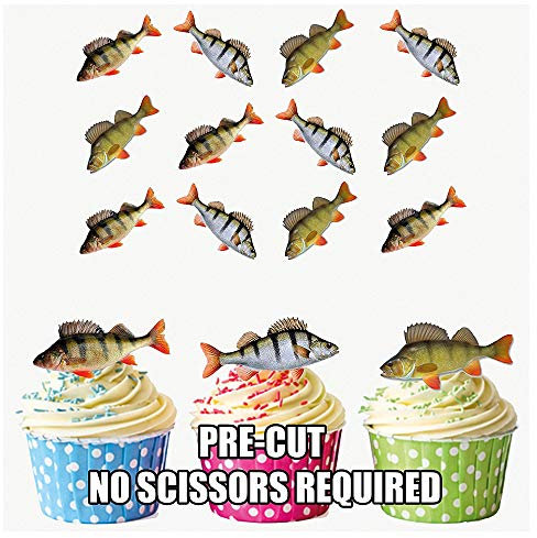 AK Giftshop PRE-CUT Fishing Perch - Edible Cupcake Toppers/Cake Decorations (Pack of 12)