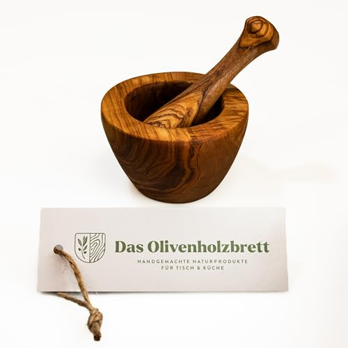 DAS OLIVENHOLZBRETT®Mörser und Stößel glatter Rand Ø10cm | robuster Holzmörser/Gewürzmörser für Pfeffer, Salz, Kräuter, Nüsse etc. aus hochwertigem Olivenholz