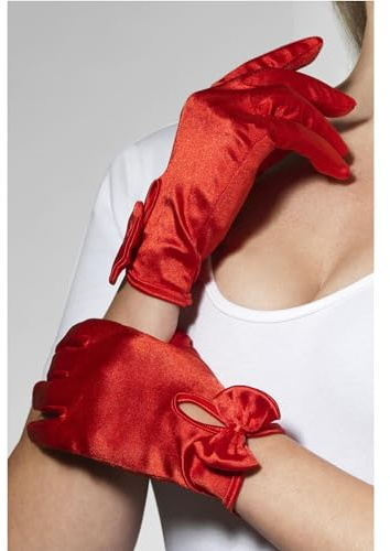 Smiffys Fever Short Red Gloves with Bow Detail, Satin Finish, Elegant Party Accessory, Fancy Dress & Evening Wear Costume Gloves for Women