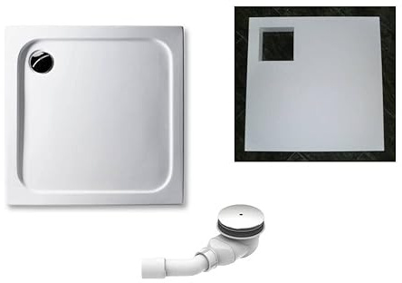 KOMPLETT-PAKET: Duschwanne 80 x 80 cm superflach 2,5 cm weiß Dusche mit GERADER UNTERSEITE Acryl + Styroporträger/Wannenträger + Ablaufgarnitur chrom DN 90