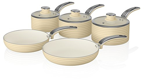 Swan Retro SWPS5020CN 5 Piece Aluminium Pan Set With Glass Lid, Non Stick Ceramic Coating, Cream