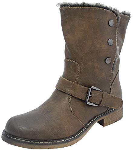 Womens Fold Down Leather Look Fur Lined Biker Ankle Boots BROWN SIZE 5