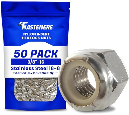 Fastenere Nylon Insert Hex Lock Nuts - 3/8-16 Stainless Steel 18-8, Plain Finish, Corrosion-Resistant, Durable Hardware Nuts for Secure Fastening, Locking Nut, (50-Pack)